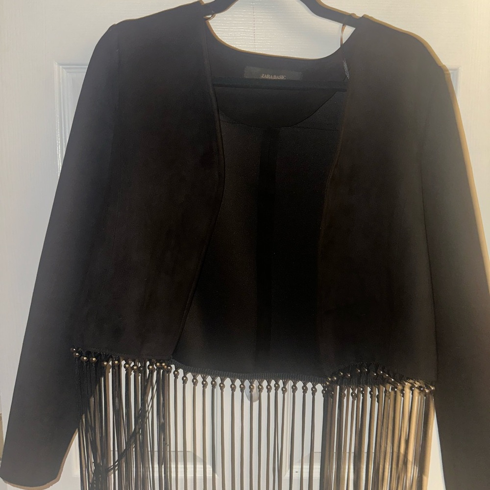 Zara Black Velvet Cropped Fringe Blazer